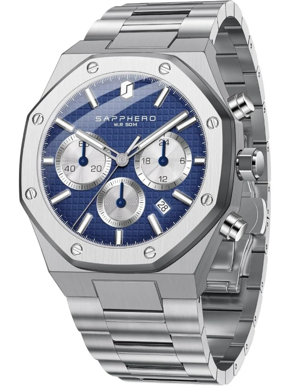 Men's Silver Blue Chronograph Quartz Movement Stainless Steel Luxury Date Watch